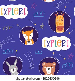 Space hand drawn color vector seamless pattern. Cosmos exploration. Space animal clipart with typography.  Vector illustration.