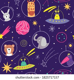 Space hand drawn color vector seamless pattern. Cosmos exploration. Space animal background. Vector  cartoon illustration.