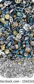 Space hand drawn doodle banner. Cartoon detailed illustrations. Cosmic identity with objects and symbols. Color vector design elements background