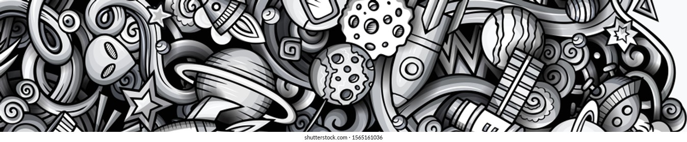 Space hand drawn doodle banner. Cartoon detailed illustrations. Cosmic identity with objects and symbols. Monochrome vector design elements background