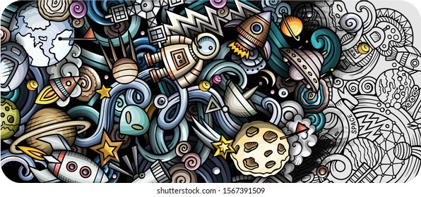 Space hand drawn doodle banner. Cartoon detailed illustrations. Cosmic identity with objects and symbols. Color vector design elements background