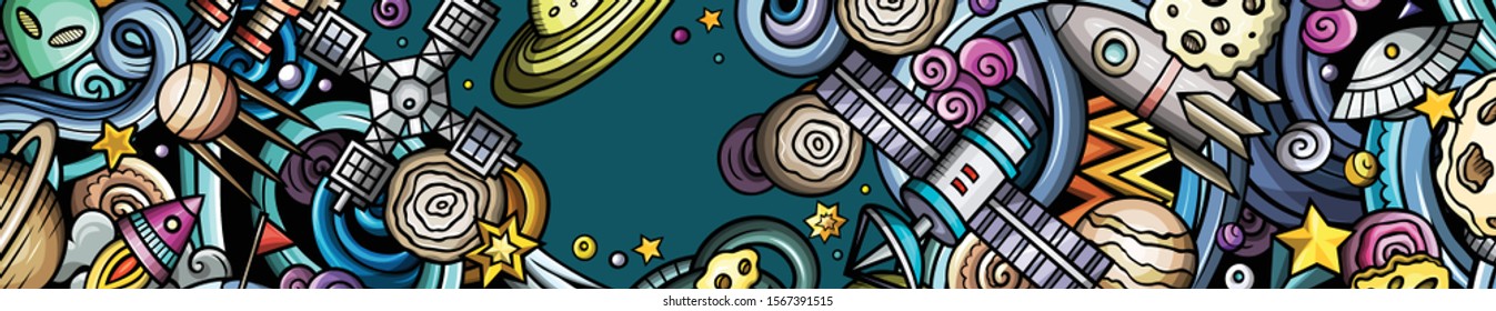 Space hand drawn doodle banner. Cartoon detailed illustrations. Cosmic identity with objects and symbols. Color vector design elements background