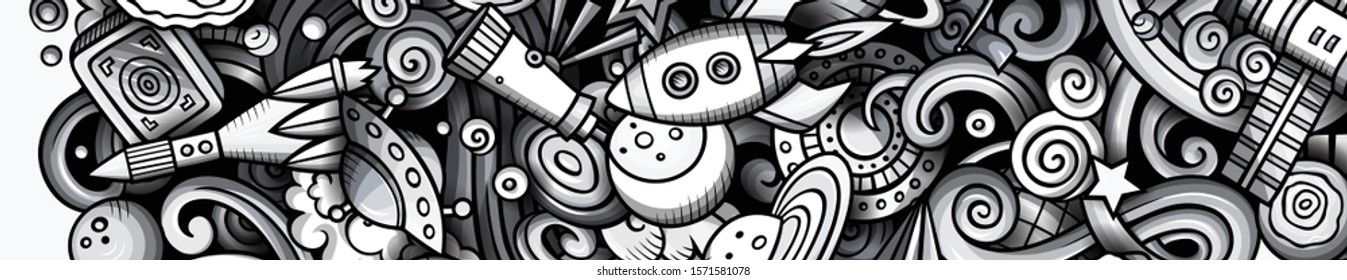 Space hand drawn doodle banner. Cartoon detailed illustrations. Cosmic identity with objects and symbols. Monochrome vector design elements background