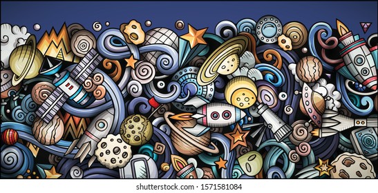 Space hand drawn doodle banner. Cartoon detailed illustrations. Cosmic identity with objects and symbols. Color vector design elements background