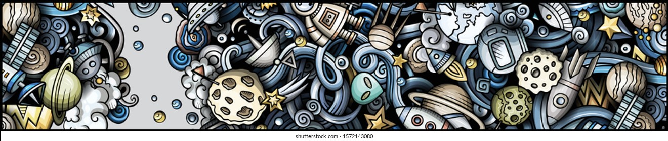Space hand drawn doodle banner. Cartoon detailed illustrations. Cosmic identity with objects and symbols. Color vector design elements background