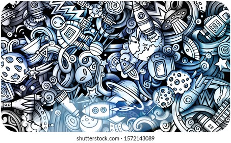 Space hand drawn doodle banner. Cartoon detailed illustrations. Cosmic identity with objects and symbols. Monochrome vector design elements background