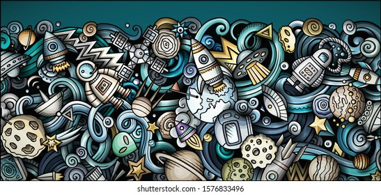Space hand drawn doodle banner. Cartoon detailed illustrations. Cosmic identity with objects and symbols. Color vector design elements background