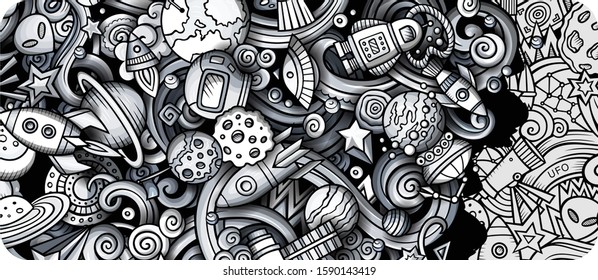 Space hand drawn doodle banner. Cartoon detailed illustrations. Cosmic identity with objects and symbols. Monochrome vector design elements background