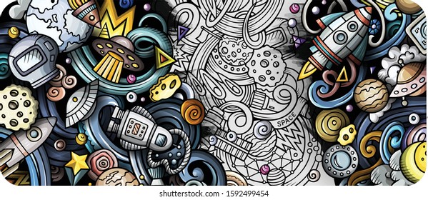 Space hand drawn doodle banner. Cartoon detailed illustrations. Cosmic identity with objects and symbols. Color vector design elements background