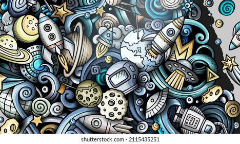 Space hand drawn doodle banner. Cartoon detailed illustrations. Cosmic identity with objects and symbols. Color vector design elements background