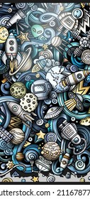 Space hand drawn doodle banner. Cartoon detailed illustrations. Cosmic identity with objects and symbols. Color vector design elements background