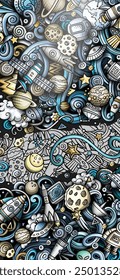 Space hand drawn doodle banner. Cartoon detailed illustrations. Cosmic identity with objects and symbols. Color vector design elements background