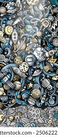 Handgezeichnetes Doodle-Banner im Raum. Cartoon detaillierte Illustrationen. Kosmische Identität mit Objekten und Symbolen. Farbvektordesign-Elemente, Hintergrund