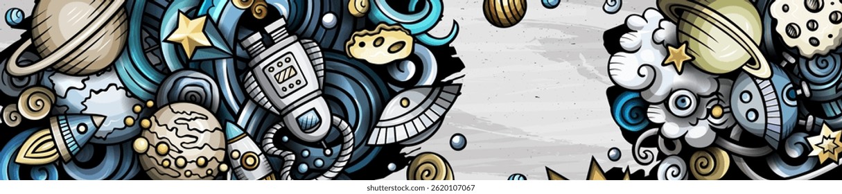 Space hand drawn doodle banner. Cartoon illustrations. Cosmic identity with objects and symbols. Color vector design elements background