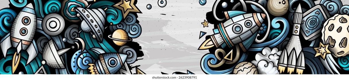 Space hand drawn doodle banner. Cartoon illustrations. Cosmic identity with objects and symbols. Color vector design elements background