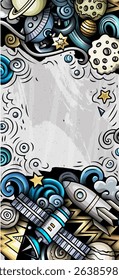 Space hand drawn doodle banner. Cartoon illustrations. Cosmic identity with objects and symbols. Color vector design elements background