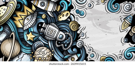 Space hand drawn doodle banner. Cartoon illustrations. Cosmic identity with objects and symbols. Color vector design elements background