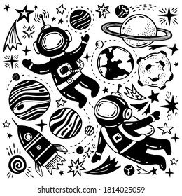 Space hand drawn doodle illustration. Astronauts in outer space, cartoon characters cosmonauts. Planets, moon, stars and other space bodies.