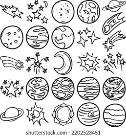 Space Hand Drawn Doodle Line Art Outline Set Containing space, universe, galaxy, cosmos, solar system, creation, nature, world, cosm, star system, stars