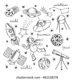 Space hand drawn elements set with letterings astronaut rocket and satellites planets and stars isolated vector illustration