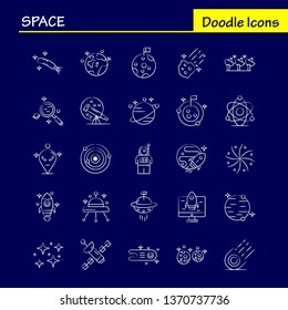 Space Hand Drawn Icons Set For Infographics, Mobile UX/UI Kit And Print Design. Include: Rocket, Space, Transportation, Moon, Planet, Space, Spaceship, Telescope, Icon Set - Vector