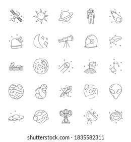 Space hand drawn linear doodles isolated on white background. space icon set for web and ui design, mobile apps and print products