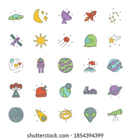 Space hand drawn linear doodles isolated on white background. space icon set for web and ui design, mobile apps and print products