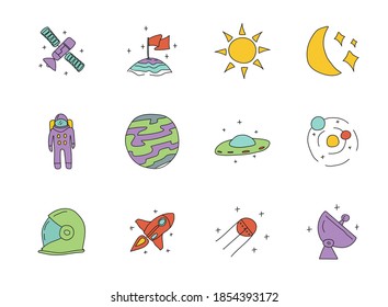 Space hand drawn linear vector icons isolated on white background. space doodle icon set for web and ui design, mobile apps and print products
