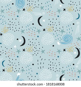 Space hand drawn pattern with moon, stars and hand drawn textures. Trendy vector texture