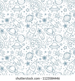 Space hand drawn sameless pattern for Kids. Space, spaceships, rocket, ufos, comets and planets with stars. Trendy kids vector background.
Hand drawn space elements seamless pattern. Space doodle back