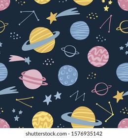 Space hand drawn seamless pattern with planets, stars, comets,  constellations. Scandinavian design style. Space background for textile, fabric etc. Vector illustration