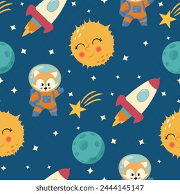 Space hand drawn seamless pattern. Space baby background. Children doodle vector illustration. Seamless pattern with cartoon space rockets, planets, stars,