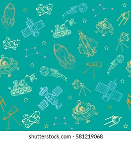 space hand drawn seamless pattern on a blue background