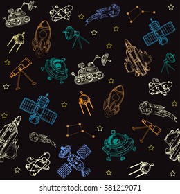 space hand drawn seamless pattern on a black background