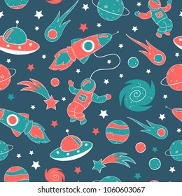 Space hand drawn vector pattern: ufo, rocket, comet, astronaut, planets on blue background