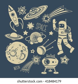 Space Hand-drawn Cartoon Illustrations and Icons: Astronaut, Satellite, Rocket, Stars and Comet