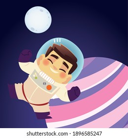 space happy astronaut character moon and planet cartoon vector illustration