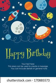 Space Happy Birthday Card Design. Vector Illustration