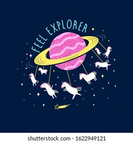 Space and happy unicorns illustration vector.
