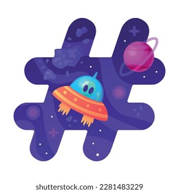 Space Hash Mark with Ufo Shuttle and Starry Sky Vector Illustration