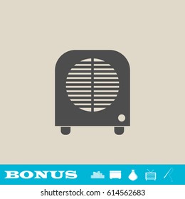 Space heater icon flat. Grey pictogram on light background. Vector illustration symbol and bonus button real estate, ottoman, vase, tv, fishing rod