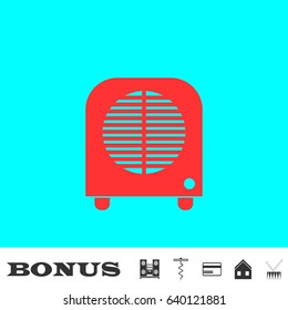 Space heater icon flat. Red pictogram on blue background. Vector illustration symbol and bonus buttons Music center, corkscrew, credit card, house, drum