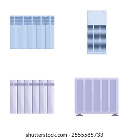 Space heater icons set cartoon vector. Equipment for providing heat at home. Heating device