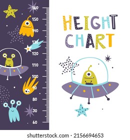 Space height chart with aliens for nursery. Cosmic adventure kids ruler. Cute stadiometer for baby room.