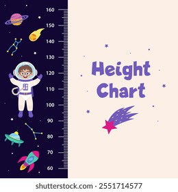 Space height chart for children with space elements and boy.