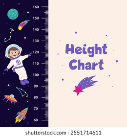 Space height chart for children with space elements and girl.