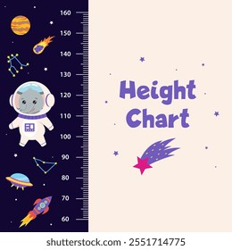 Space height chart for children with space elements and animal astronaut elephant.