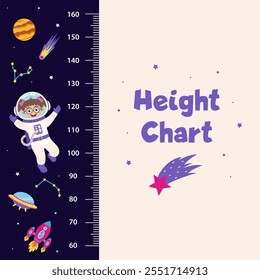 Space height chart for children with space elements and girl.