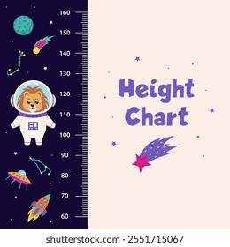 Space height chart for children with space elements and animal astronaut lion.