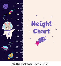 Space height chart for children with space elements and animal astronaut bunny.